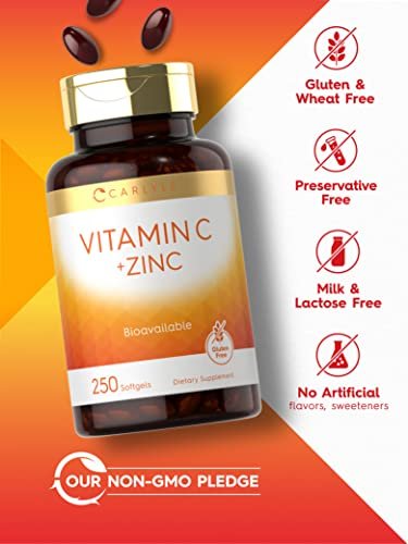 Carlyle Vitamin C mit Zink | 250 Weichkapseln | Bioverfügbar | Ascorbinsäure | Zinkoxid | Nicht-GVO und Glutenfrei