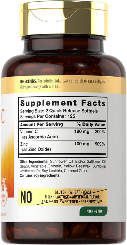 Carlyle Vitamin C mit Zink | 250 Weichkapseln | Bioverfügbar | Ascorbinsäure | Zinkoxid | Nicht-GVO und Glutenfrei