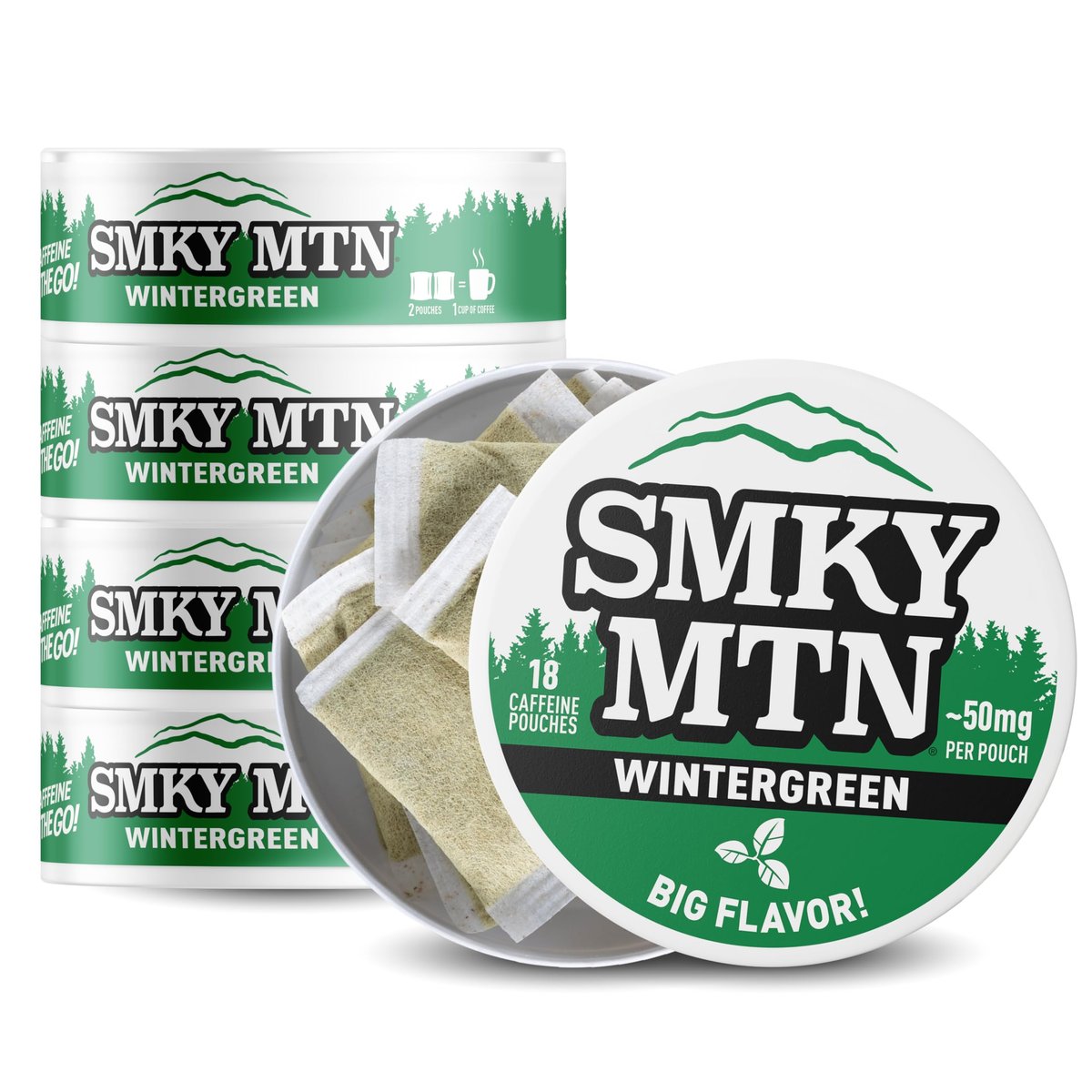 SMOKEY MOUNTAIN Koffeinhaltige Beutel – Wintergreen – Tabak- und Nikotinfrei – 5-Dosen-Box – 15 Beutel pro Dose