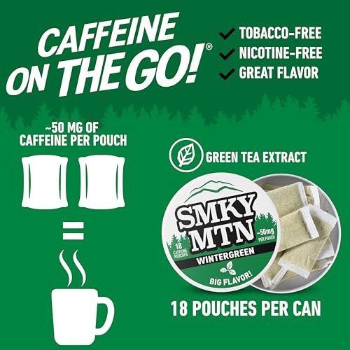 SMOKEY MOUNTAIN Koffeinhaltige Beutel – Wintergreen – Tabak- und Nikotinfrei – 5-Dosen-Box – 15 Beutel pro Dose