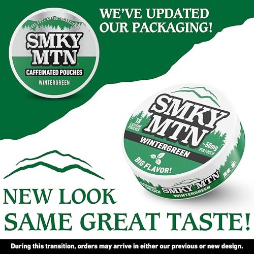 SMOKEY MOUNTAIN Koffeinhaltige Beutel – Wintergreen – Tabak- und Nikotinfrei – 5-Dosen-Box – 15 Beutel pro Dose