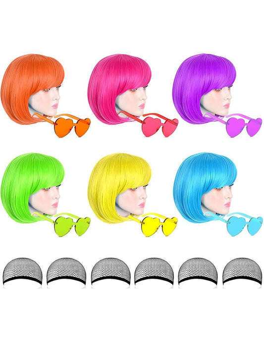 LOHO MAGICA 6er-Pack bunte Perücken, ausgefallene Kurzhaar-Bob-Perücken, Neon-Party-Perücken mit herzlosen Sonnenbrillen
