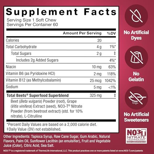 Force Factor Total Beets Soft Chews – Rote-Bete-Kaugummis mit Nitraten, L-Citrullin, Traubenkernextrakt und Antioxidantien – Gesunder Energie-Booster für Herz und Kreislauf, 60 Stück