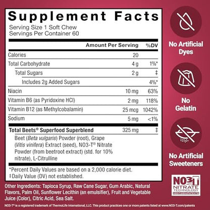Force Factor Total Beets Soft Chews – Rote-Bete-Kaugummis mit Nitraten, L-Citrullin, Traubenkernextrakt und Antioxidantien – Gesunder Energie-Booster für Herz und Kreislauf, 60 Stück
