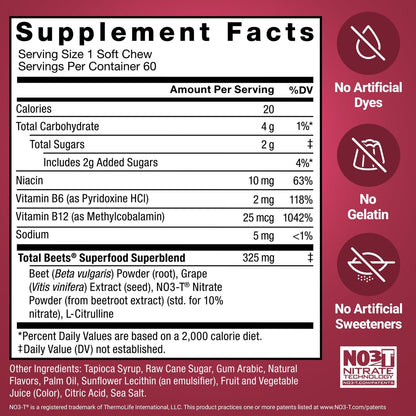 Force Factor Total Beets Soft Chews – Rote-Bete-Kaugummis mit Nitraten, L-Citrullin, Traubenkernextrakt und Antioxidantien – Gesunder Energie-Booster für Herz und Kreislauf, 60 Stück