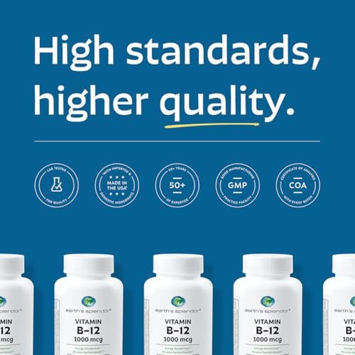 Earth's Splendor Energiepräparate mit Vitamin B12, ohne künstliche Farb- oder Geschmacksstoffe, glutenfrei, Unterstützung des Energiestoffwechsels (1000 µg, 200 Tabletten)
