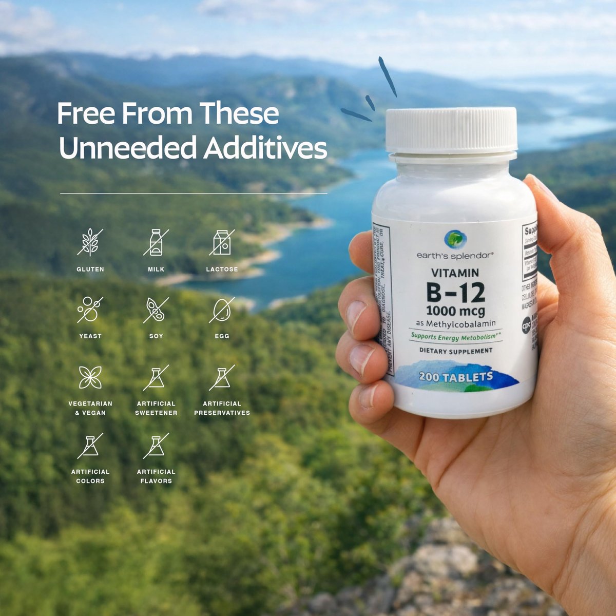 Earth's Splendor Energiepräparate mit Vitamin B12, ohne künstliche Farb- oder Geschmacksstoffe, glutenfrei, Unterstützung des Energiestoffwechsels (1000 µg, 200 Tabletten)