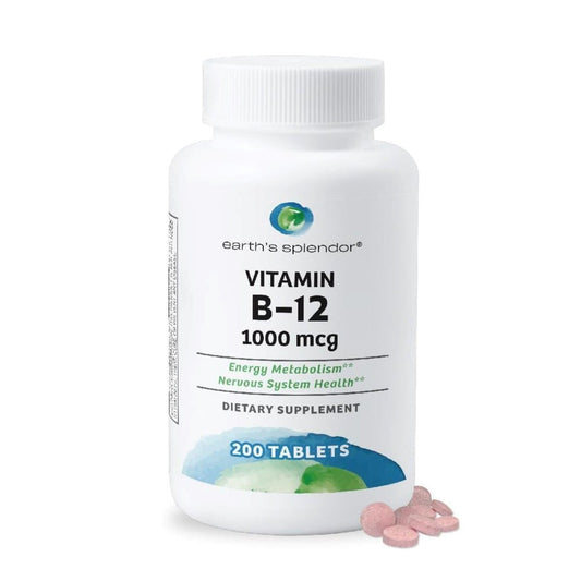 Earth's Splendor Energiepräparate mit Vitamin B12, ohne künstliche Farb- oder Geschmacksstoffe, glutenfrei, Unterstützung des Energiestoffwechsels (1000 µg, 200 Tabletten)