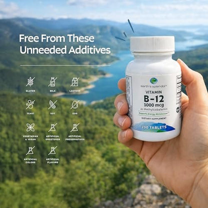 Earth's Splendor Energiepräparate mit Vitamin B12, ohne künstliche Farb- oder Geschmacksstoffe, glutenfrei, Unterstützung des Energiestoffwechsels (1000 µg, 200 Tabletten)