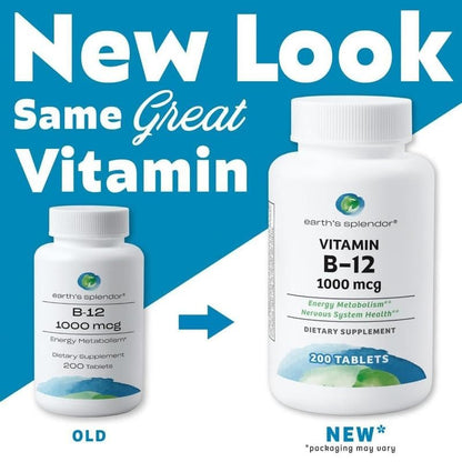 Earth's Splendor Energiepräparate mit Vitamin B12, ohne künstliche Farb- oder Geschmacksstoffe, glutenfrei, Unterstützung des Energiestoffwechsels (1000 µg, 200 Tabletten)