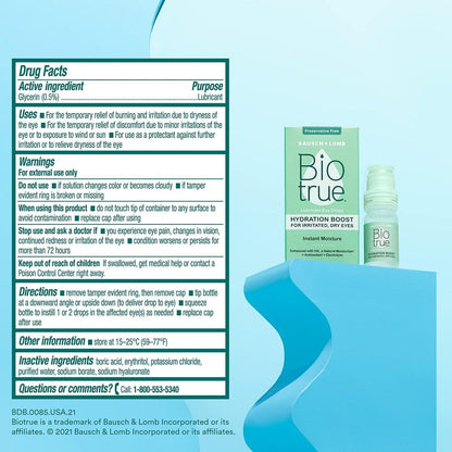Biotrue Hydration Boost – Konservierungsmittelfreie Augentropfen für trockene Augen, sofortige Befeuchtung, kontaktlinsengeeignet, 0,33 Fl Oz (1er-Pack)
