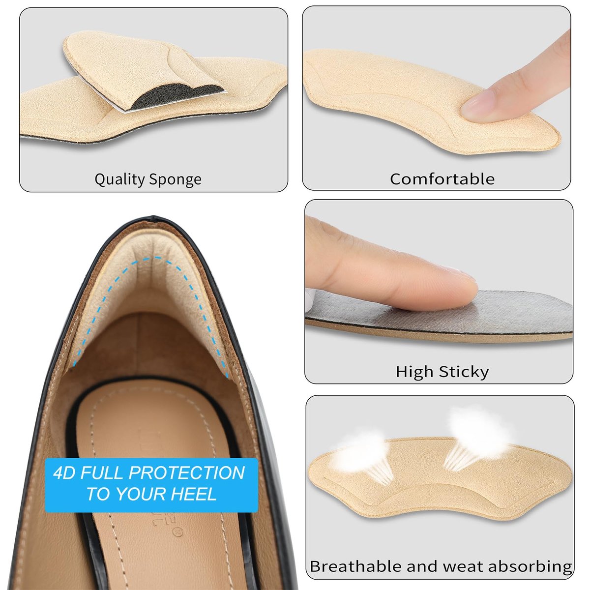Comfowner 6 Paar Fersenpolster für zu große Schuhe – Memory-Schaum-Einlagen gegen Blasen und Rutschen – Beige