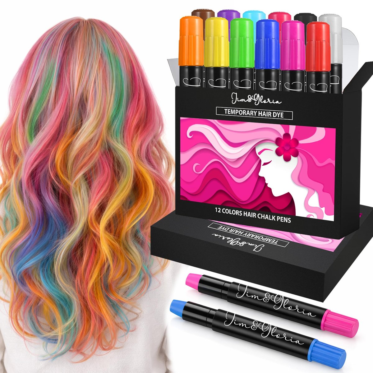 Jim&Gloria Staubfreie Haarkreide für Mädchen – Auswaschbare, temporäre Haarfarbe – 12 Farben – Geschenk für Teenager