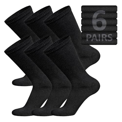 6 Paar Baumwoll-Diabetikersocken, nicht einschnürend, Neuropathie-Socken (Schwarz, Herren Schuhgröße 12-14.5)