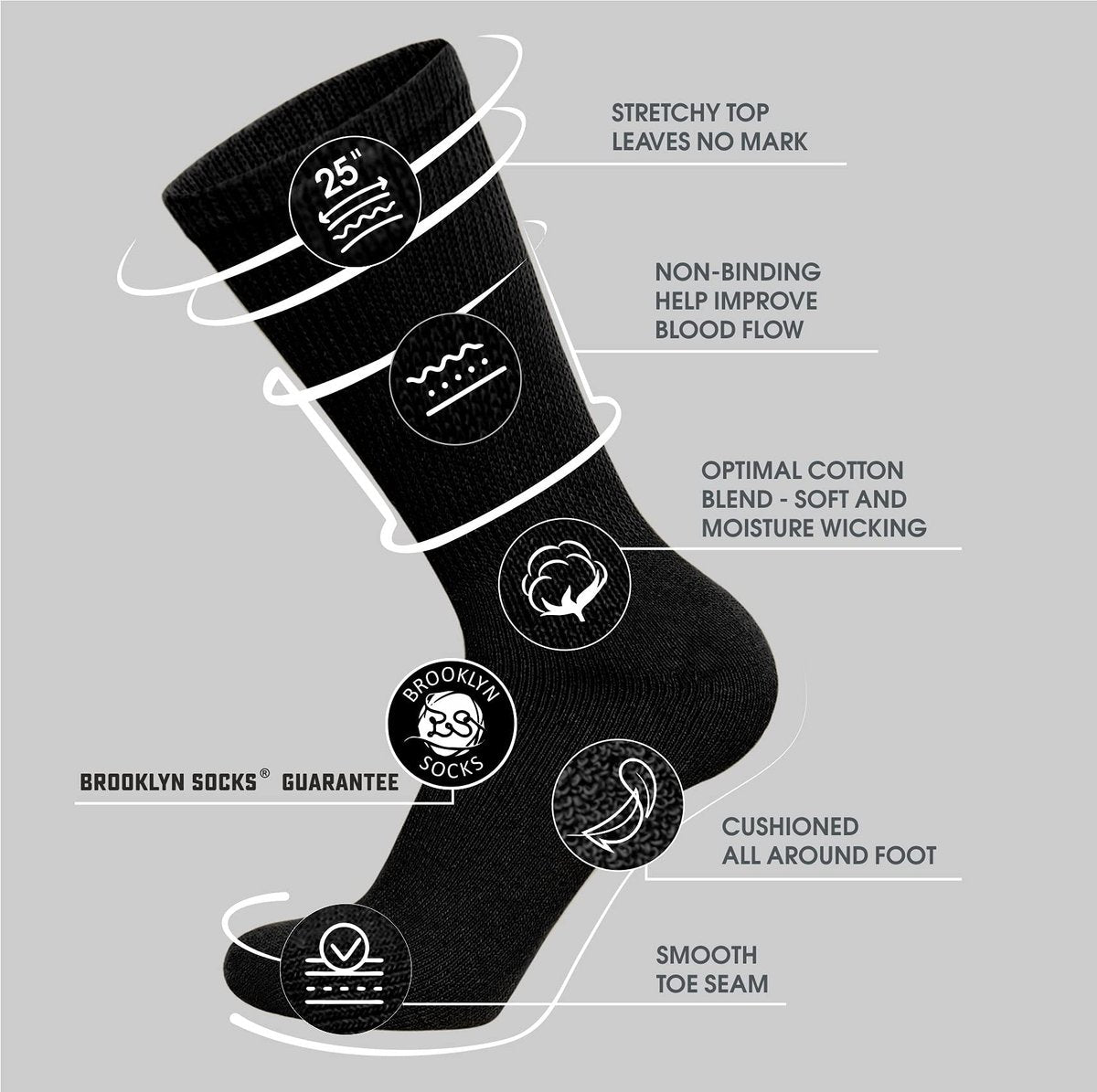 6 Paar Baumwoll-Diabetikersocken, nicht einschnürend, Neuropathie-Socken (Schwarz, Herren Schuhgröße 12-14.5)