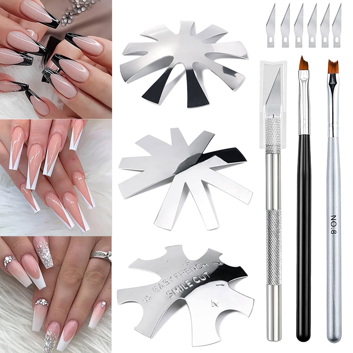 Französischer Nagelformer für Nägel, Lokyango 3er Set French Tip Cutter Edge Trimmer für einfache Smile Line Acryl V-Schnitt mit 2 Pinseln, 1 Schneidemesser, 5 Ersatzklingen, 7-teiliges Set (Silber)