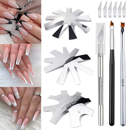 Französischer Nagelformer für Nägel, Lokyango 3er Set French Tip Cutter Edge Trimmer für einfache Smile Line Acryl V-Schnitt mit 2 Pinseln, 1 Schneidemesser, 5 Ersatzklingen, 7-teiliges Set (Silber)