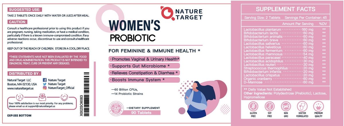 NATURE TARGET Probiotika für Frauen mit Präbiotika, Cranberry und D-Mannose, 60 Milliarden KBE, Weibliches Probiotikum für Verdauungsgesundheit/Darmgesundheit/Immunbooster