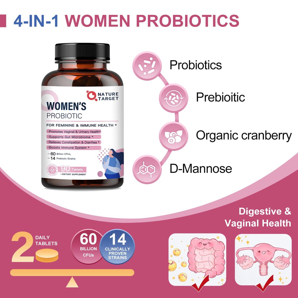 NATURE TARGET Probiotika für Frauen mit Präbiotika, Cranberry und D-Mannose, 60 Milliarden KBE, Weibliches Probiotikum für Verdauungsgesundheit/Darmgesundheit/Immunbooster
