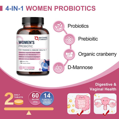 NATURE TARGET Probiotika für Frauen mit Präbiotika, Cranberry und D-Mannose, 60 Milliarden KBE, Weibliches Probiotikum für Verdauungsgesundheit/Darmgesundheit/Immunbooster