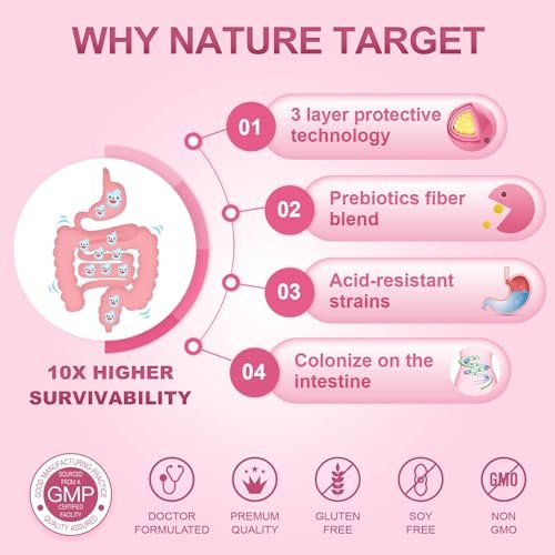 NATURE TARGET Probiotika für Frauen mit Präbiotika, Cranberry und D-Mannose, 60 Milliarden KBE, Weibliches Probiotikum für Verdauungsgesundheit/Darmgesundheit/Immunbooster