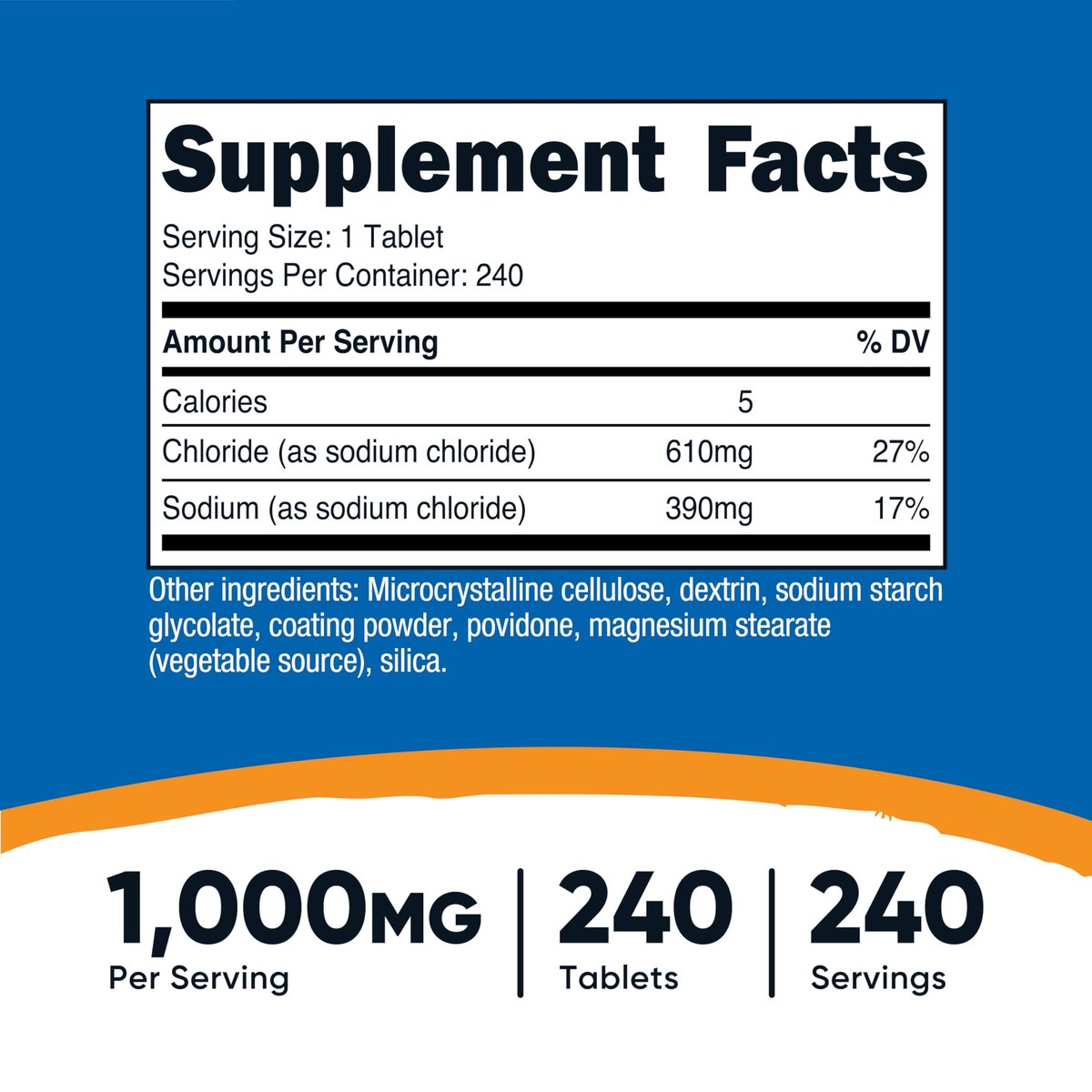 Nutricost Natriumchlorid 1000mg, 240 Tabletten - Salztabletten, Non-GMO, Glutenfrei