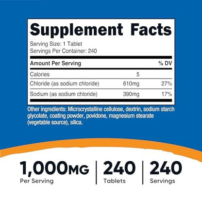 Nutricost Natriumchlorid 1000mg, 240 Tabletten - Salztabletten, Non-GMO, Glutenfrei