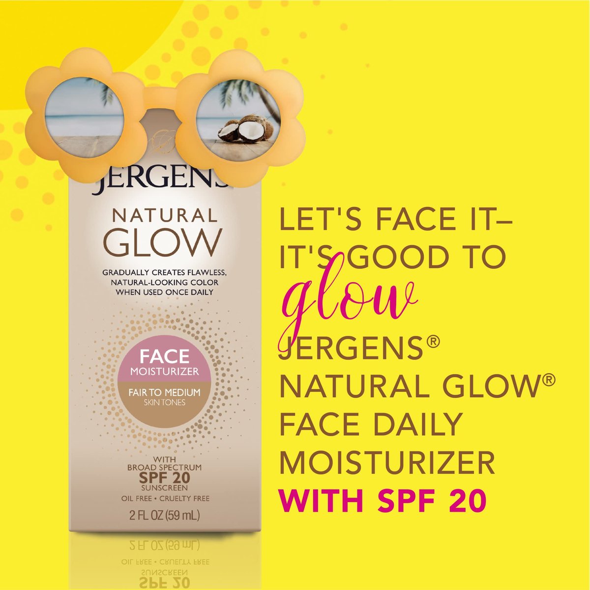 Jergens Natural Glow Gesicht Selbstbräuner Lotion mit SPF 20, für helle bis mittlere Hauttöne, täglicher Sonnenschutz, ölfrei, Breitspektrum UVA/UVB Schutz, 2er Pack (2 x 59 ml)