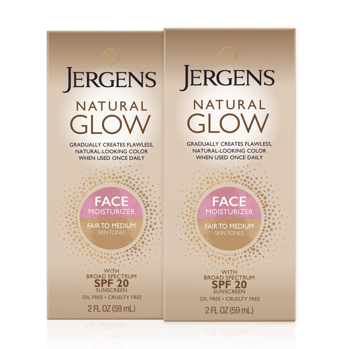 Jergens Natural Glow Gesicht Selbstbräuner Lotion mit SPF 20, für helle bis mittlere Hauttöne, täglicher Sonnenschutz, ölfrei, Breitspektrum UVA/UVB Schutz, 2er Pack (2 x 59 ml)
