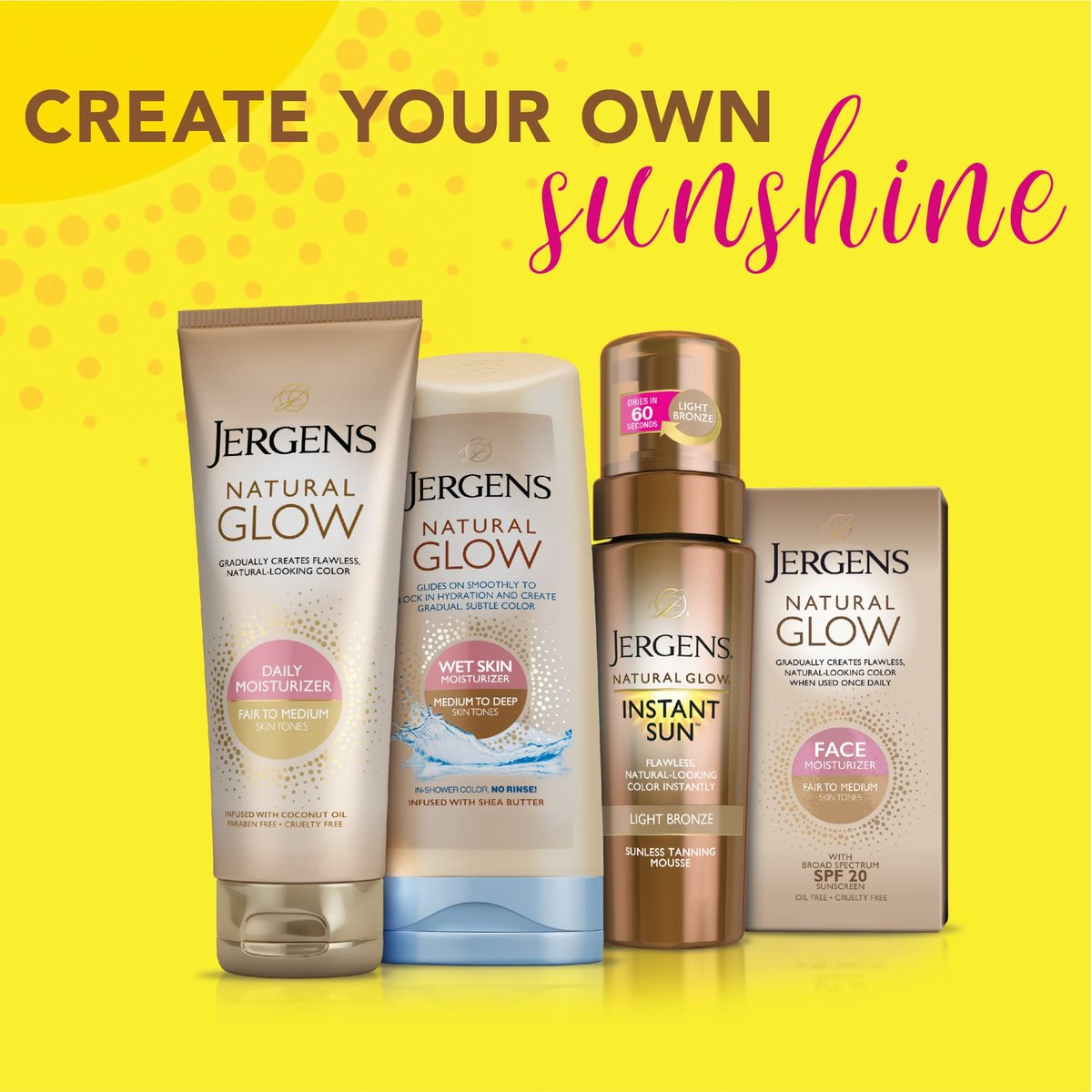 Jergens Natural Glow Gesicht Selbstbräuner Lotion mit SPF 20, für helle bis mittlere Hauttöne, täglicher Sonnenschutz, ölfrei, Breitspektrum UVA/UVB Schutz, 2er Pack (2 x 59 ml)