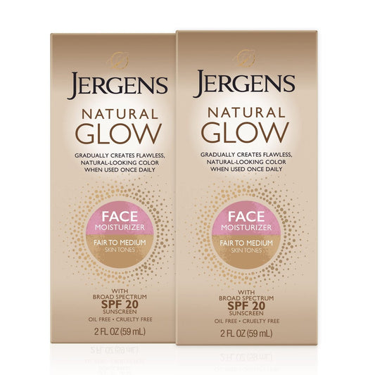 Jergens Natural Glow Gesicht Selbstbräuner Lotion mit SPF 20, für helle bis mittlere Hauttöne, täglicher Sonnenschutz, ölfrei, Breitspektrum UVA/UVB Schutz, 2er Pack (2 x 59 ml)