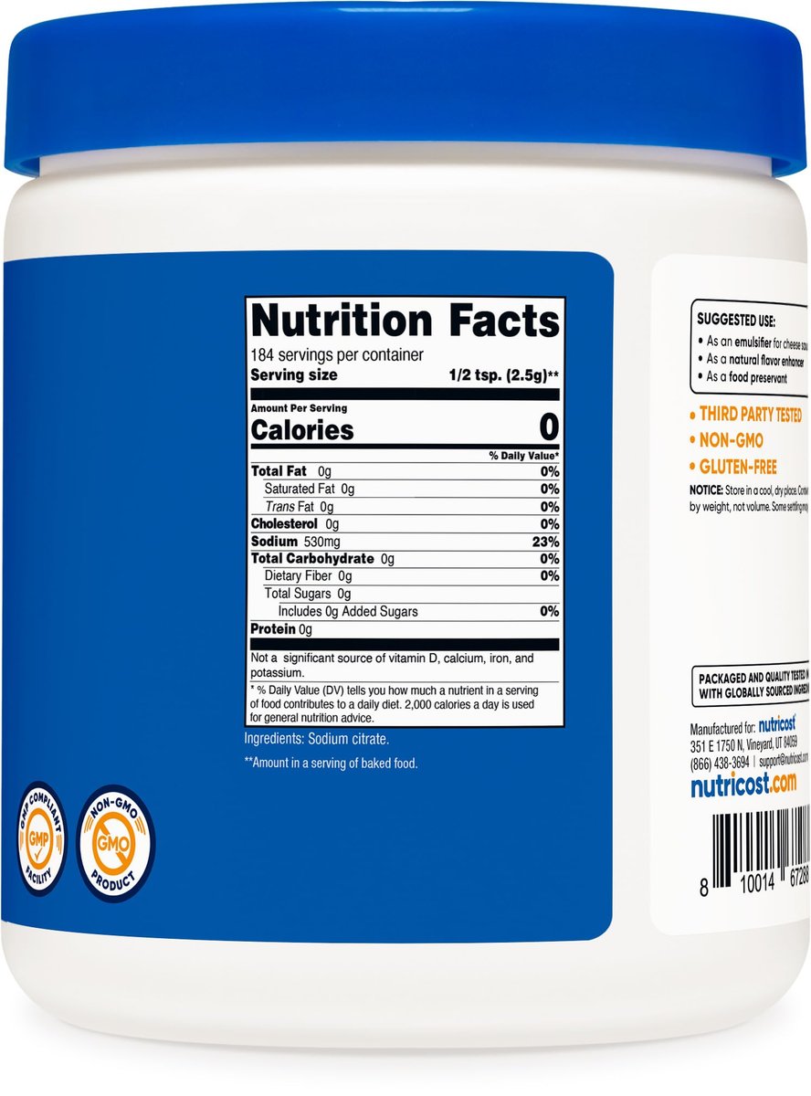 Nutricost Natriumcitrat Pulver 1LB (454g) - Lebensmittelqualität, Nicht-GVO - Emulgator, Natürlicher Geschmacksverstärker, Konservierungsmittel