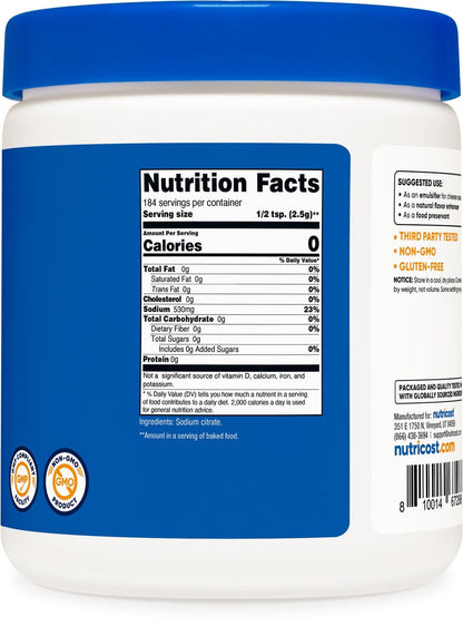 Nutricost Natriumcitrat Pulver 1LB (454g) - Lebensmittelqualität, Nicht-GVO - Emulgator, Natürlicher Geschmacksverstärker, Konservierungsmittel