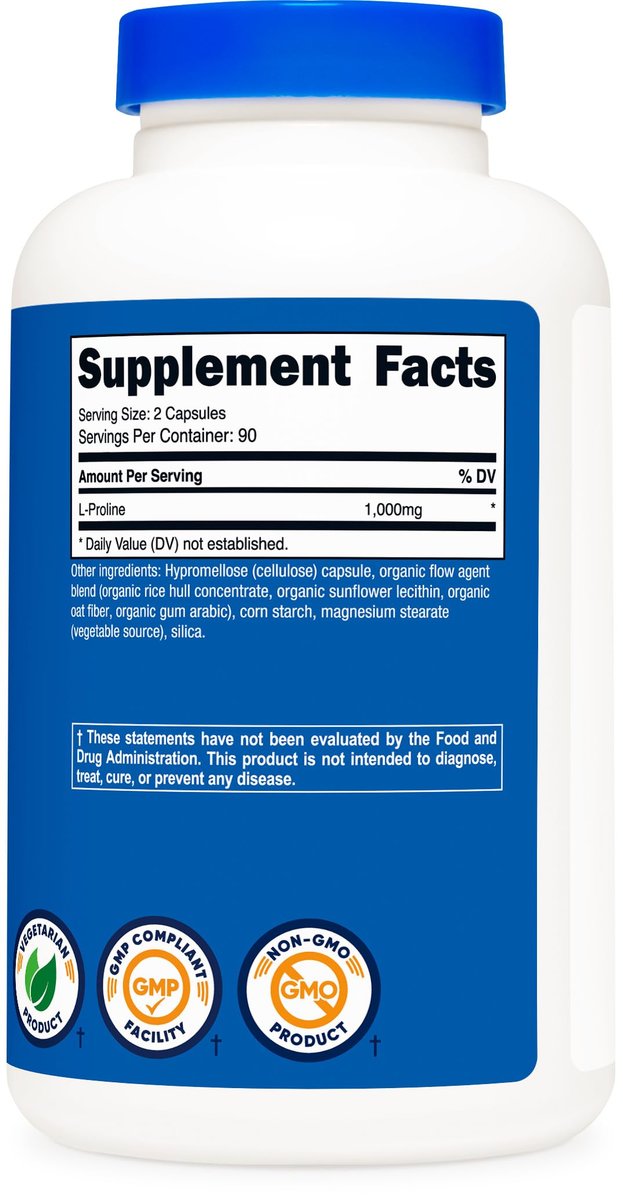 Nutricost L-Prolin 1000mg, 180 Kapseln (90 Portionen) - 500mg pro Kapsel, Non-GMO, Glutenfrei