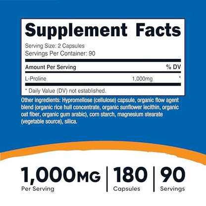 Nutricost L-Prolin 1000mg, 180 Kapseln (90 Portionen) - 500mg pro Kapsel, Non-GMO, Glutenfrei