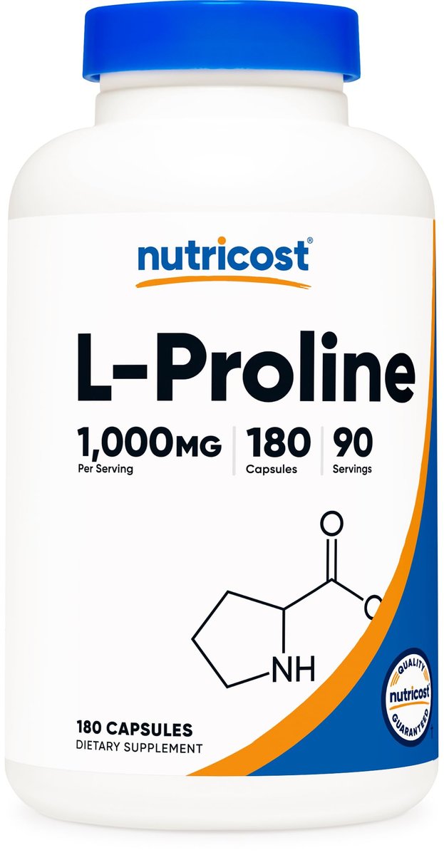 Nutricost L-Prolin 1000mg, 180 Kapseln (90 Portionen) - 500mg pro Kapsel, Non-GMO, Glutenfrei