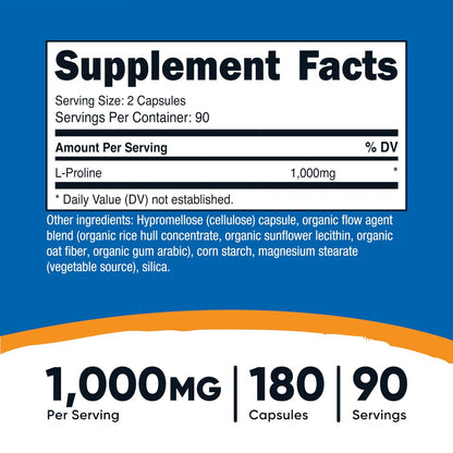 Nutricost L-Prolin 1000mg, 180 Kapseln (90 Portionen) - 500mg pro Kapsel, Non-GMO, Glutenfrei