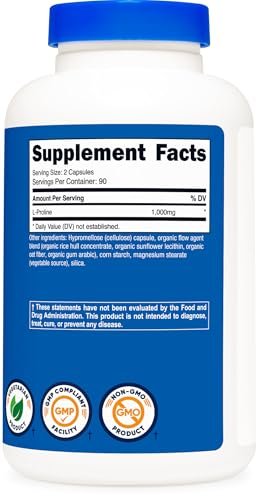 Nutricost L-Prolin 1000mg, 180 Kapseln (90 Portionen) - 500mg pro Kapsel, Non-GMO, Glutenfrei