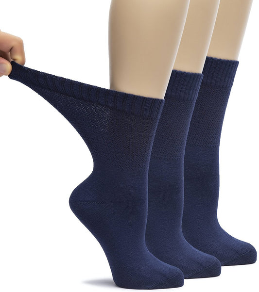 Hugh Ugoli Damen Rayon Locker Passform Diabetiker Socken, Nahtlose Zehen & Nicht-Einschnürendes Bündchen für Geschwollene Füße, Weich, Extra Breit und Dehnbar, 3 Paar, Marineblau, Schuhgröße: 6-9