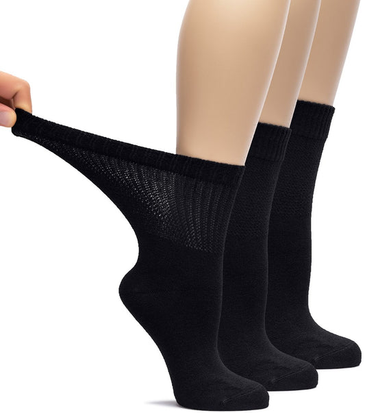 Hugh Ugoli Damen Rayon Diabetikersocken, lockerer Sitz, nahtlose Zehen & nicht einschnürendes Bündchen für geschwollene Füße, weich, extra breit und dehnbar, 3 Paar, Schwarz, Schuhgröße: 6-9