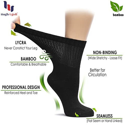 Hugh Ugoli Damen Rayon Diabetikersocken, lockerer Sitz, nahtlose Zehen & nicht einschnürendes Bündchen für geschwollene Füße, weich, extra breit und dehnbar, 3 Paar, Schwarz, Schuhgröße: 6-9
