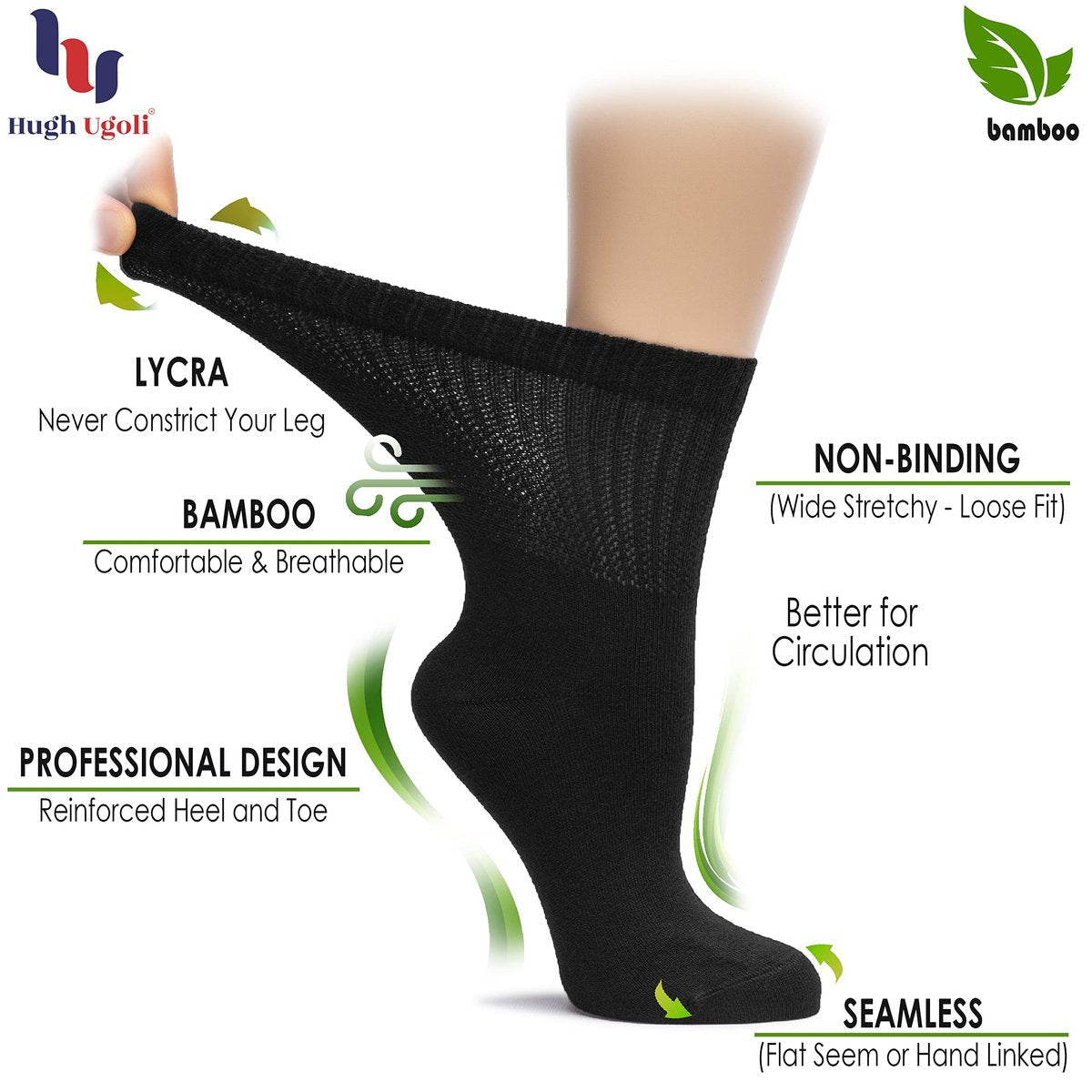 Hugh Ugoli Damen Rayon Diabetikersocken, lockerer Sitz, nahtlose Zehen & nicht einschnürendes Bündchen für geschwollene Füße, weich, extra breit und dehnbar, 3 Paar, Schwarz, Schuhgröße: 6-9