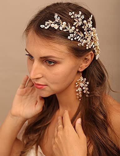 YERTTER Gold Brautkamm-Set mit Ohrringen – Blumige Strass-Haarklammer und Ohrstecker aus Kristall für Hochzeit, handgefertigte Blumen-Clip-Kopfschmuck für Frauen