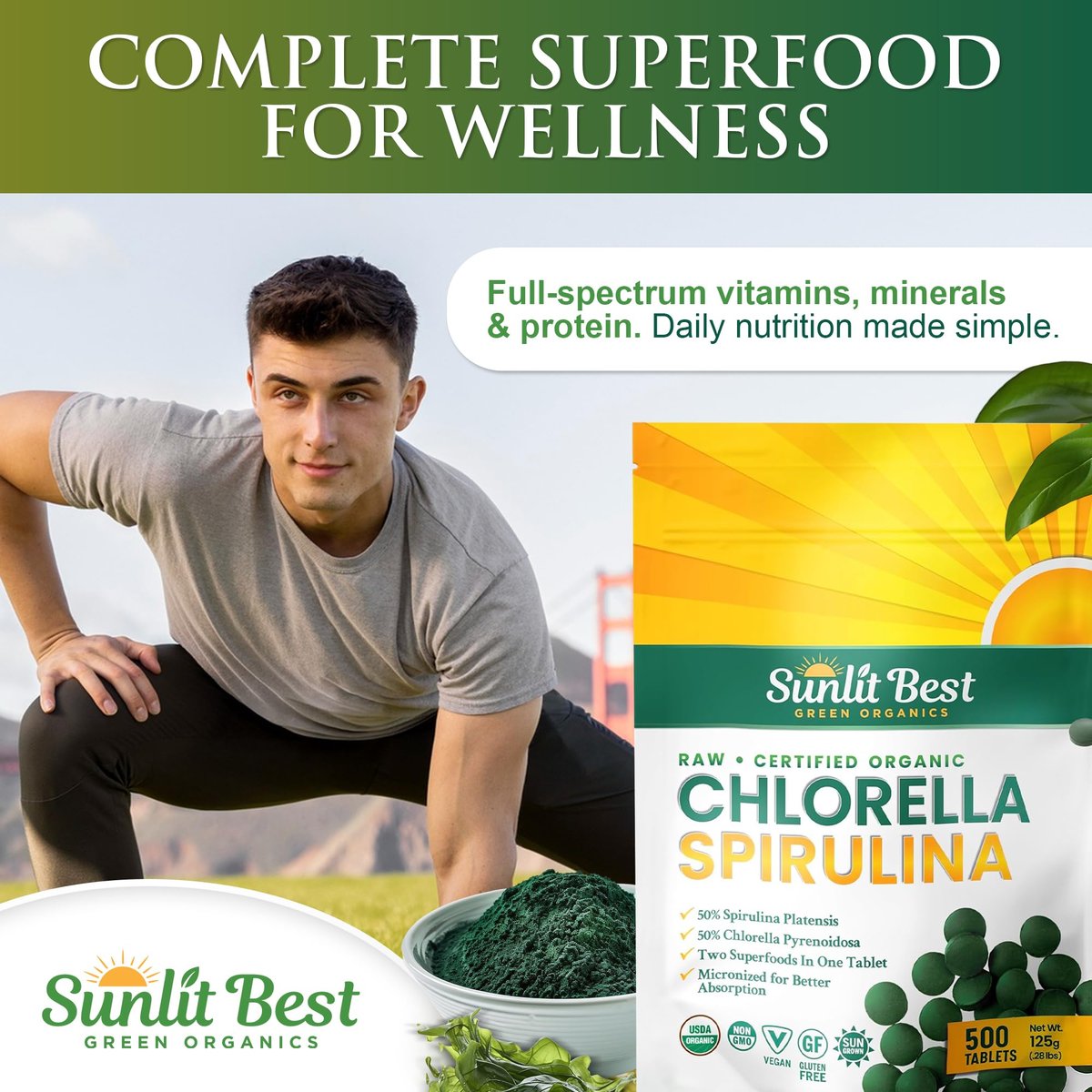 Sunlit Best Chlorella Spirulina Tabletten - Bio USDA, Premium Spirulina & Chlorella Kapseln 500 Stück - Natürliches Superfood mit Enzymen, Chlorophyll & veganem Protein