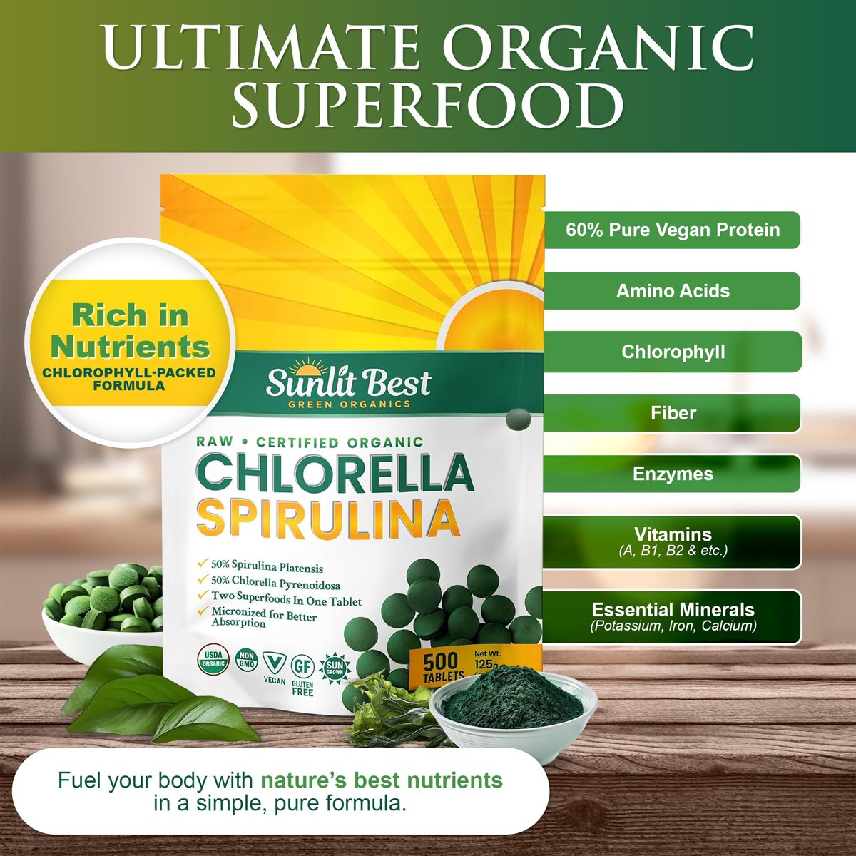 Sunlit Best Chlorella Spirulina Tabletten - Bio USDA, Premium Spirulina & Chlorella Kapseln 500 Stück - Natürliches Superfood mit Enzymen, Chlorophyll & veganem Protein