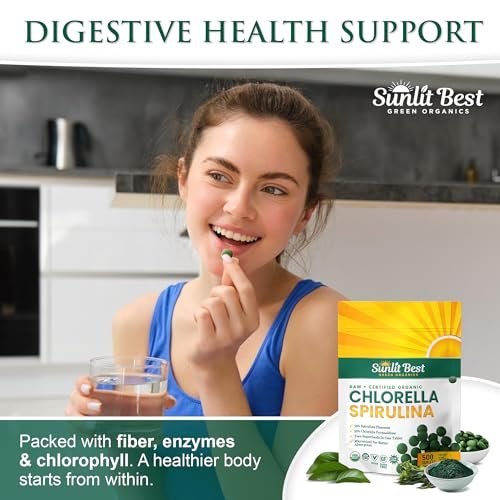 Sunlit Best Chlorella Spirulina Tabletten - Bio USDA, Premium Spirulina & Chlorella Kapseln 500 Stück - Natürliches Superfood mit Enzymen, Chlorophyll & veganem Protein