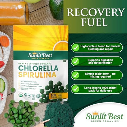 Sunlit Best Chlorella Spirulina Tabletten - Bio USDA, Premium Spirulina & Chlorella Kapseln 500 Stück - Natürliches Superfood mit Enzymen, Chlorophyll & veganem Protein
