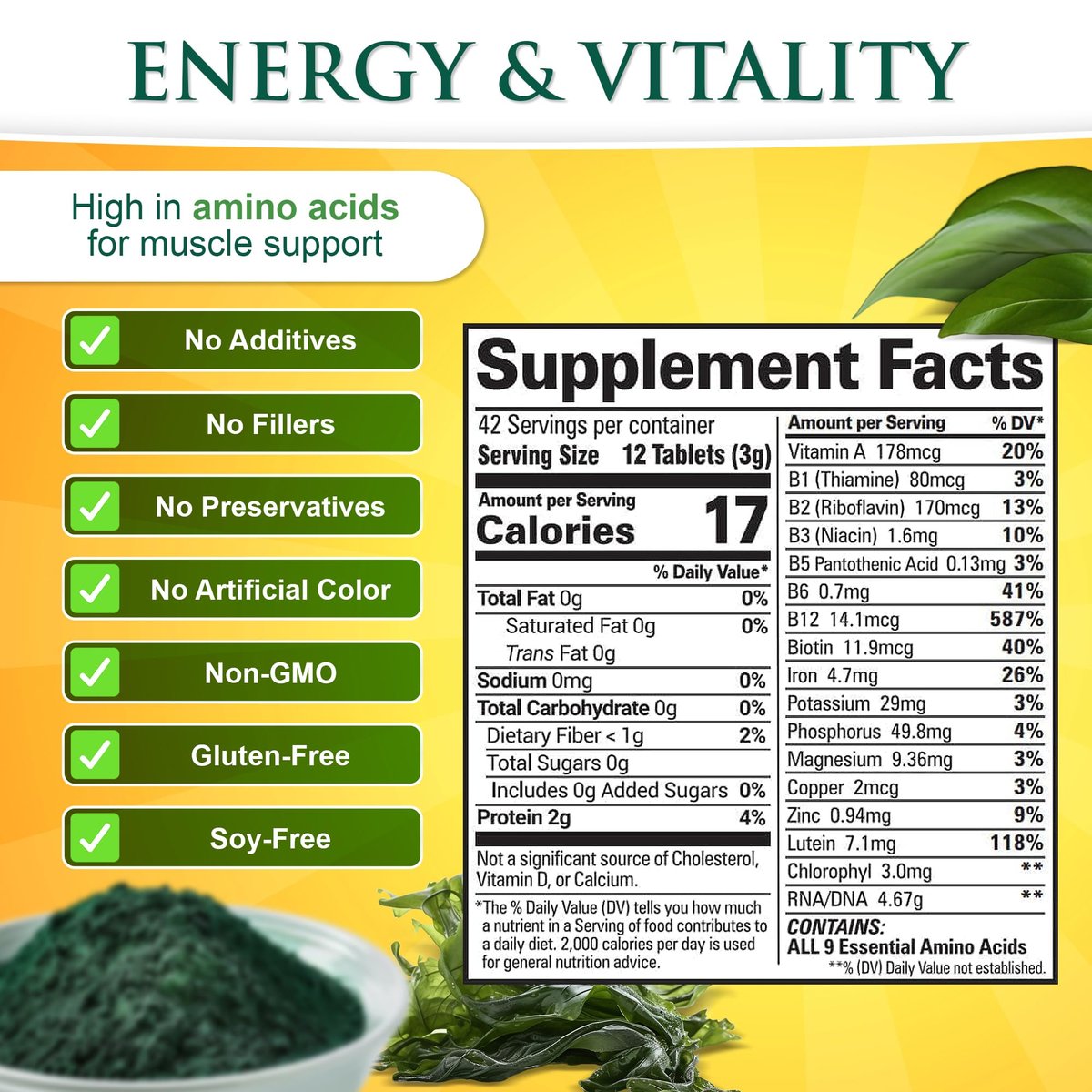 Sunlit Best Chlorella Spirulina Tabletten - Bio USDA, Premium Spirulina & Chlorella Kapseln 500 Stück - Natürliches Superfood mit Enzymen, Chlorophyll & veganem Protein