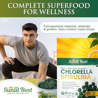 Sunlit Best Chlorella Spirulina Tabletten - Bio USDA, Premium Spirulina & Chlorella Kapseln 500 Stück - Natürliches Superfood mit Enzymen, Chlorophyll & veganem Protein