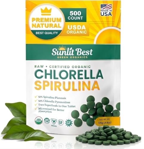 Sunlit Best Chlorella Spirulina Tabletten - Bio USDA, Premium Spirulina & Chlorella Kapseln 500 Stück - Natürliches Superfood mit Enzymen, Chlorophyll & veganem Protein